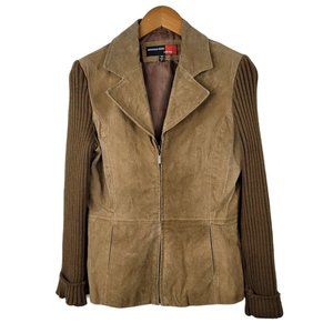 Vintage 90s Y2K Jacket Size Small Zip Up Suede Leather coat sweater sleeves Tan